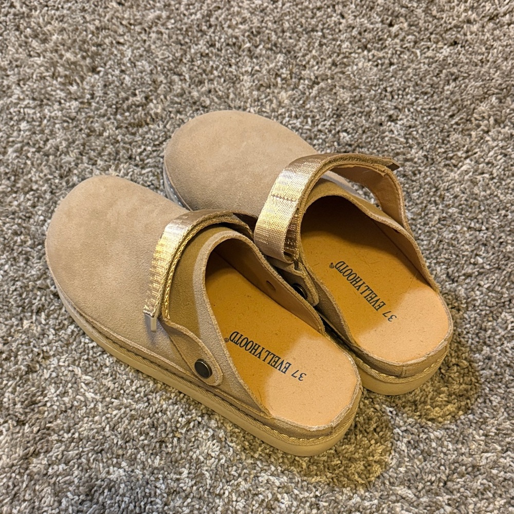 Beige Slip-On Clogs with beige strap